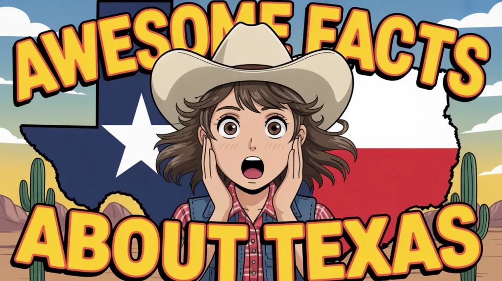 Colorful cartoon illustration of excited child in cowboy hat with Texas flag and desert landscape - Awesome Facts About Texas