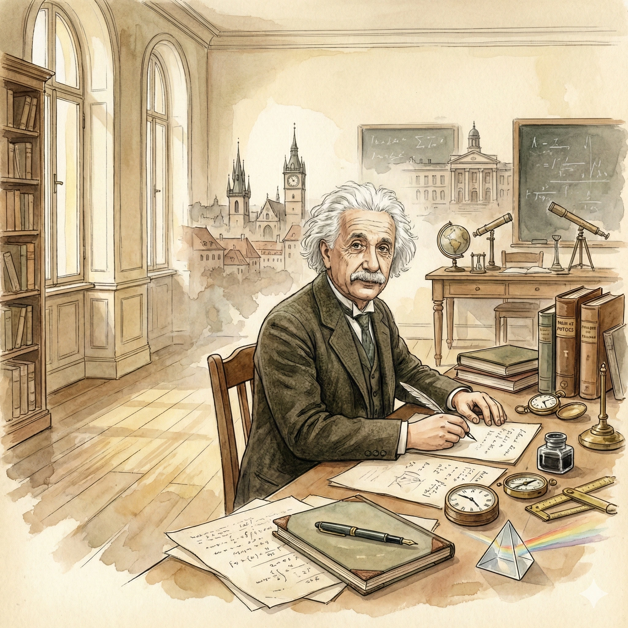 Albert Einstein seated at a desk writing scientific notes in a historic study surrounded by books and instruments