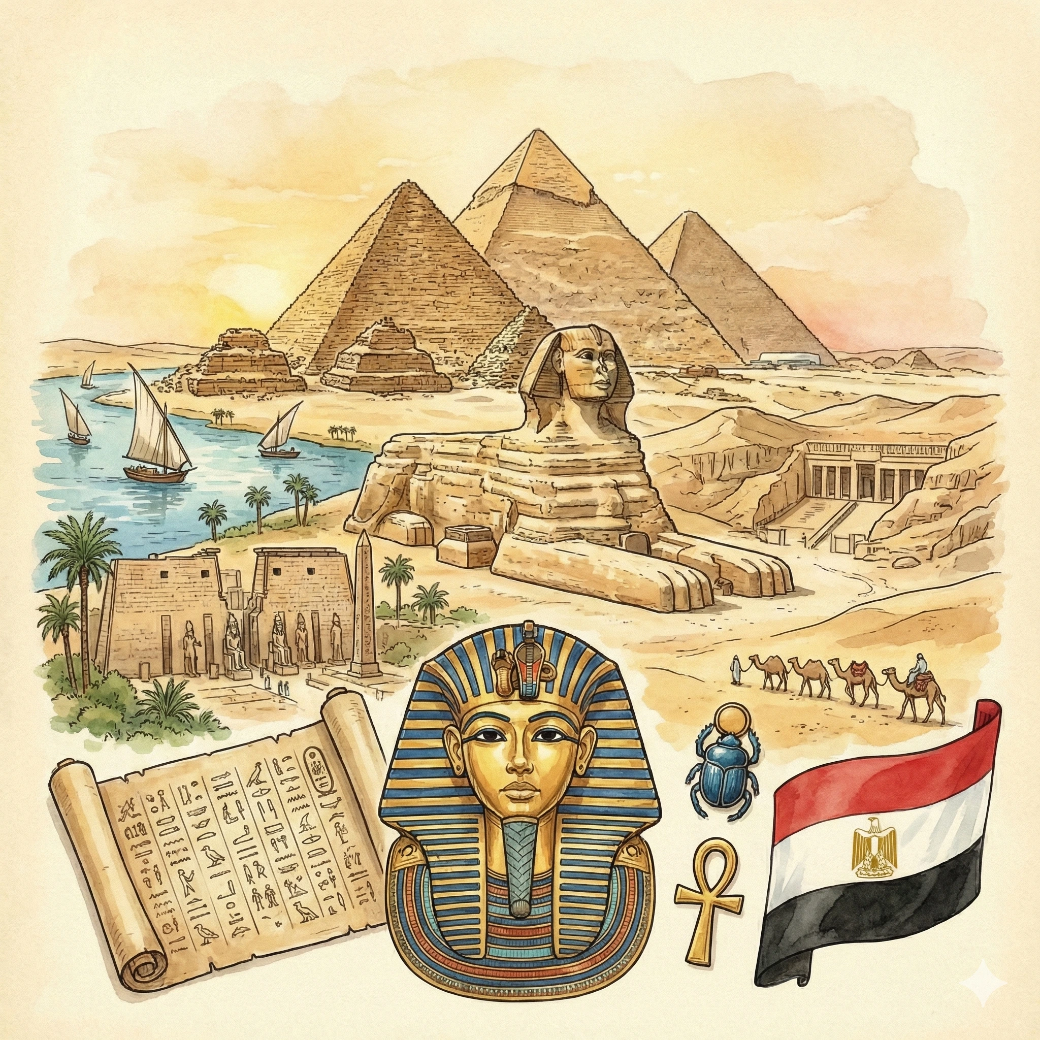 Illustration of the Great Pyramids, the Sphinx, and ancient Egyptian symbols