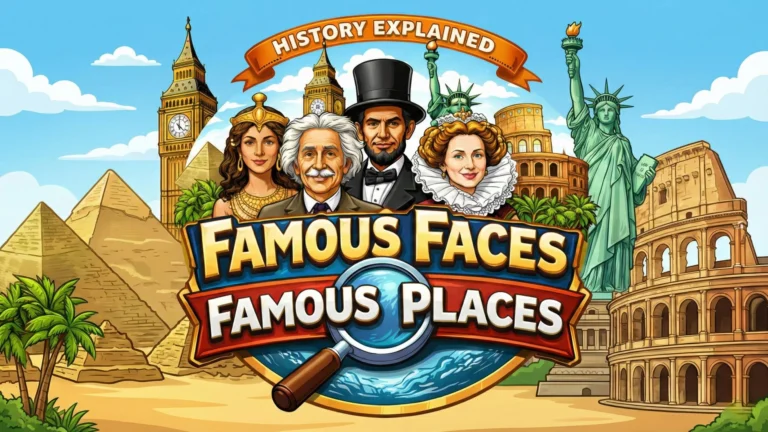 Famous Faces Famous Places logo featuring illustrated historical figures and world landmarks including the pyramids, Big Ben, the Colosseum, and the Statue of Liberty