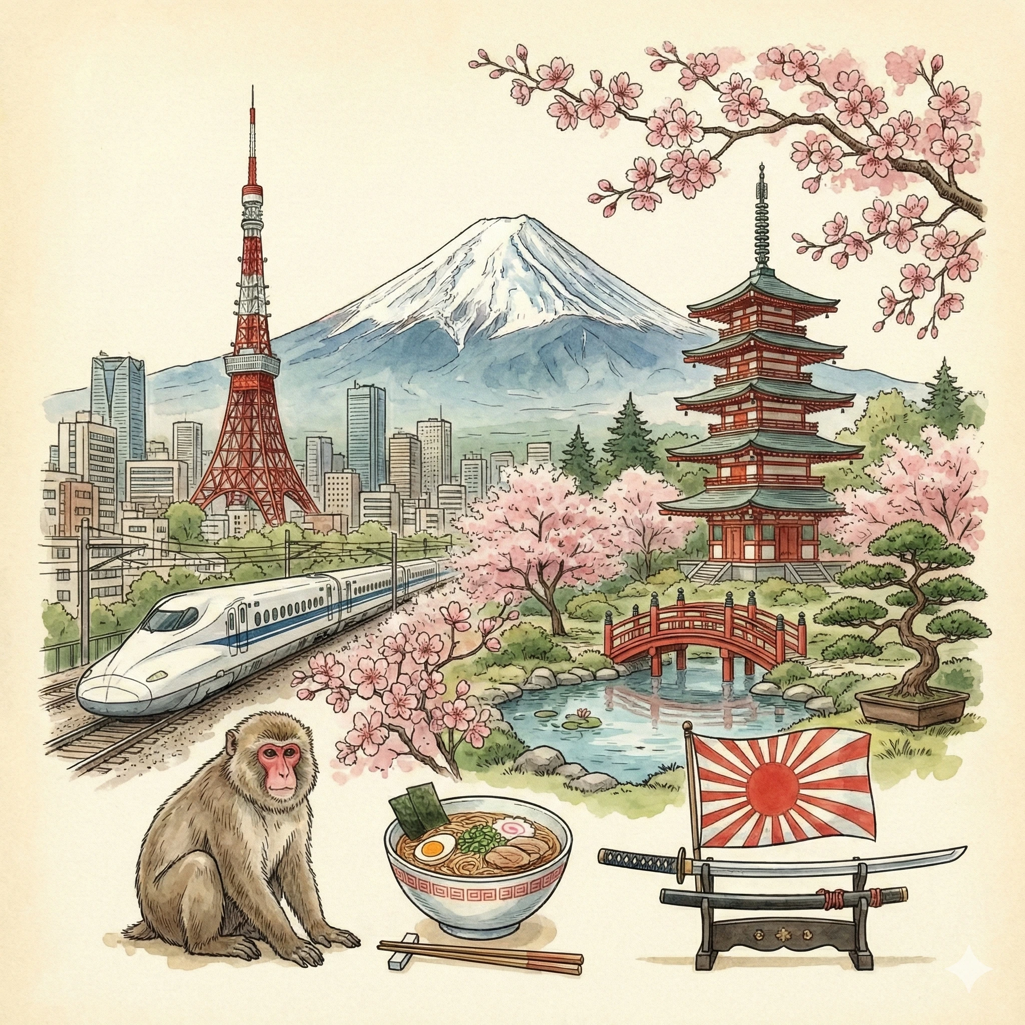 Illustration of Mount Fuji, Tokyo Tower, cherry blossoms, and traditional Japanese landmarks