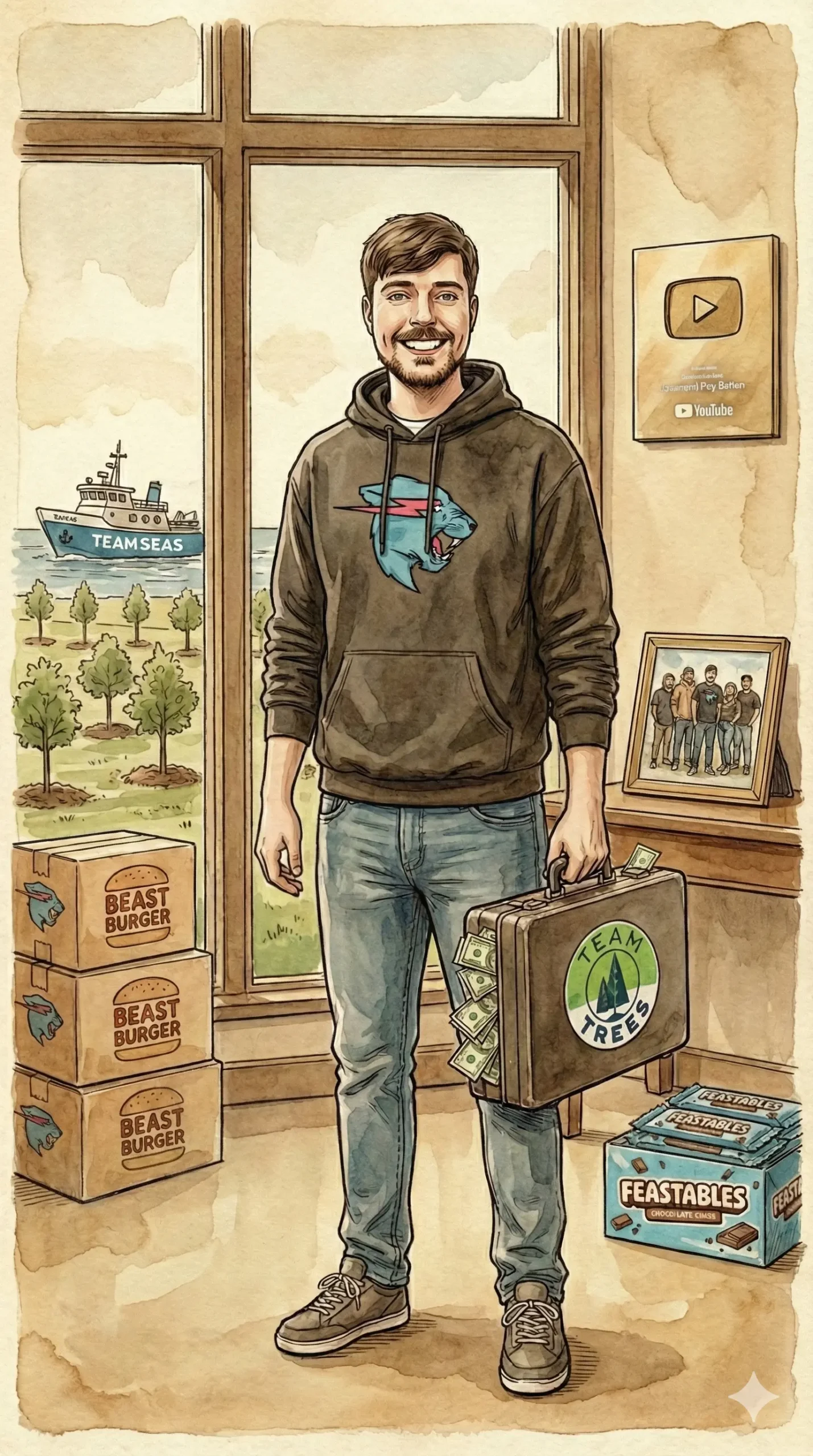 Illustration of MrBeast standing with a briefcase and charity-themed items around him