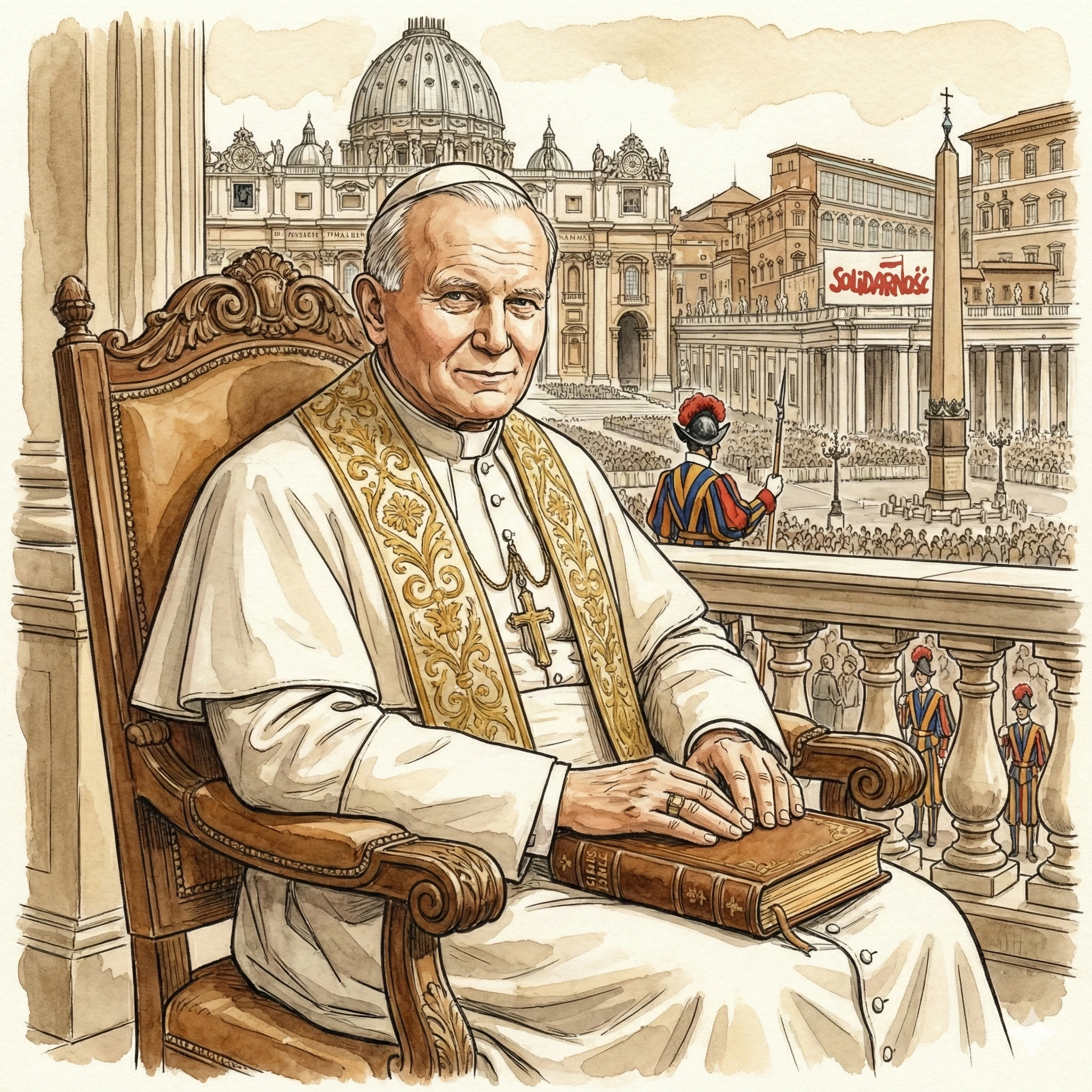 Pope John Paul II seated holding a book with St. Peter’s Basilica visible behind him
