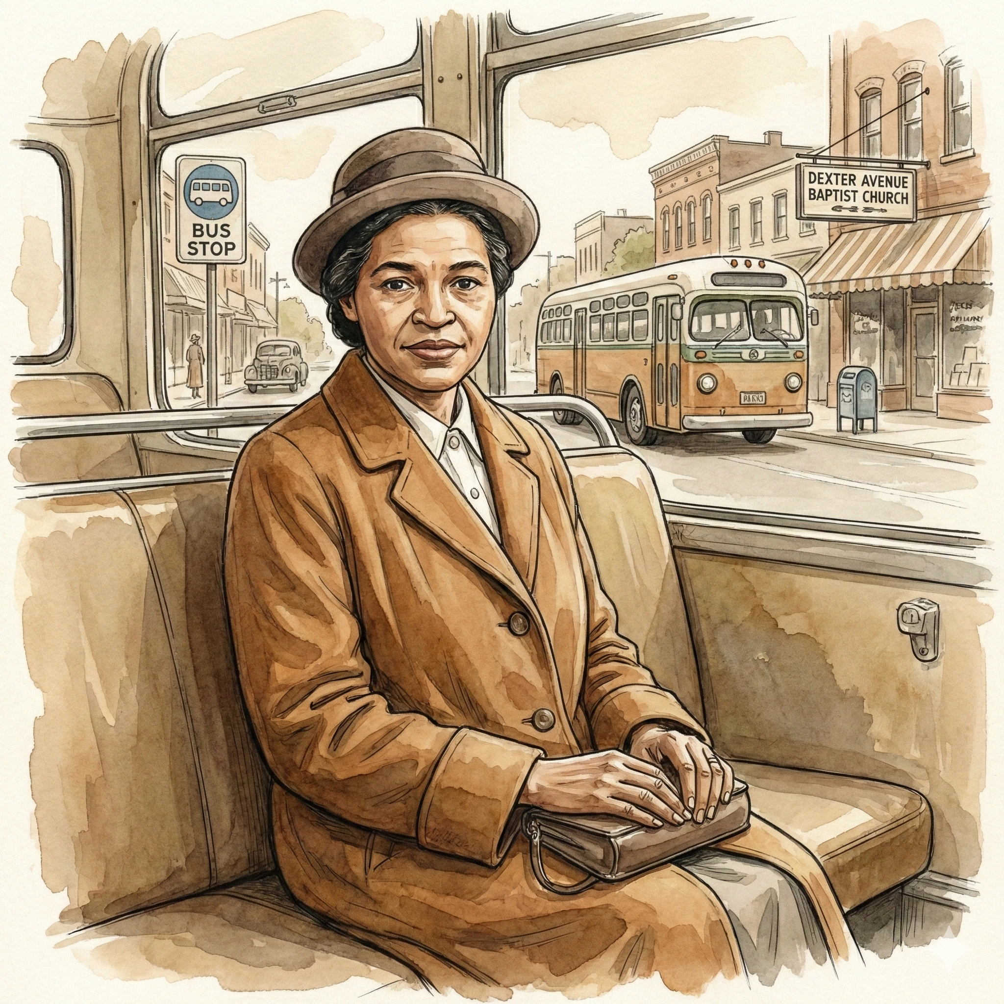 Rosa Parks seated on a city bus holding her purse during the civil rights era
