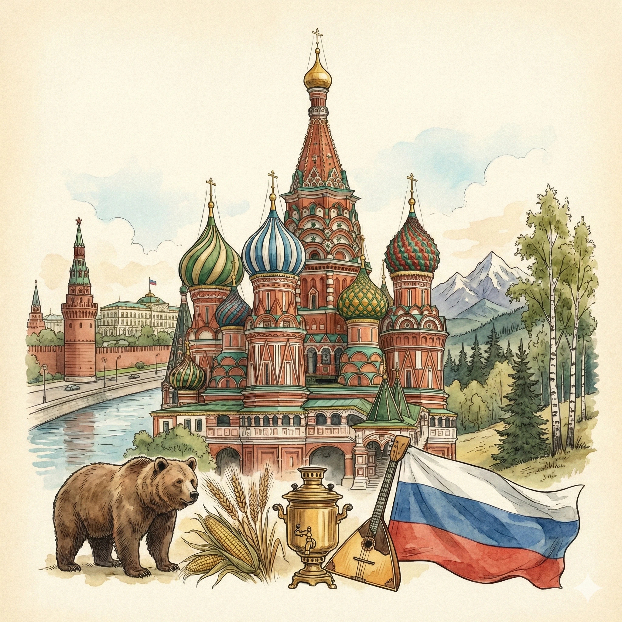 Illustration of Saint Basil’s Cathedral with Russian cultural symbols and landscape